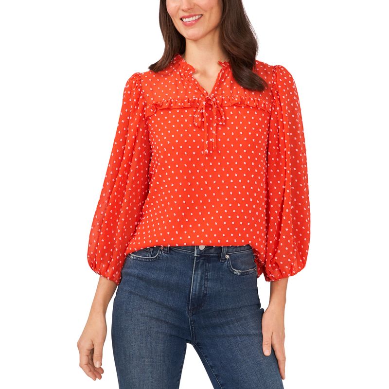 Women's Long Sleeve Contrast Clip-Dot Pleated Blouse